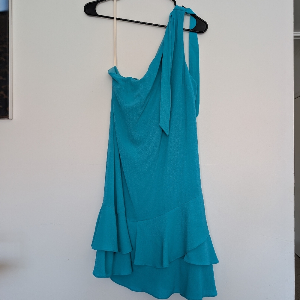 BCBGeneration Teal One-Shoulder Dress Ruffle Hem